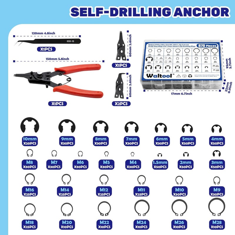 Waltool 870Pcs Alloy Steel M4-M28 C-Clip External Circlip Snap Rings and 1.5mm-10mm E-Clip Retaining Rings with Snap Ring Pliers for Automobiles Motorcycle Lawnmowers Electrical Appliances - Image 2